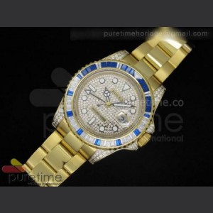 Rolex GMT Master II YG Diamond Paved Diamond Dial White And Blue Diamond Bezel on YG Bracelet sku4994