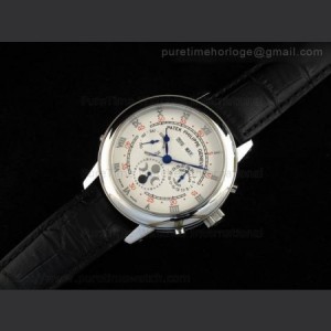 Patek Philippe Skymoon Perpetual Calender Double Side SS White Dial on Black Leather Strap sku7420