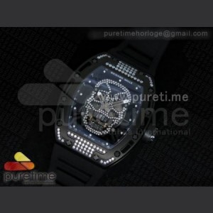 Richard Mille RM 052 Skull Watch PVD Full Paved Diamonds Skull Dial on Black Rubber Strap 6T51 sku5638