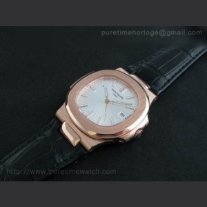 Patek Philippe Nautilus 42mm Leather Strap Silver Dial Rose Gold sku7359