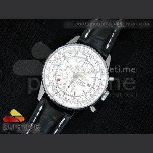 Breitling Navitimer World 46mm SS GMT White Dial on Black Leather Strap A7750 sku0885