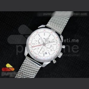 Breitling Transocean Chrono GMT 44mm SS White Textured Dial on SS Mesh Bracelet A7750 sku0951