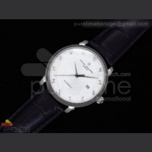 Patek Philippe Geneve 42mm SS White Dial Diamond Markers on Black Leather Strap A2824 sku7322