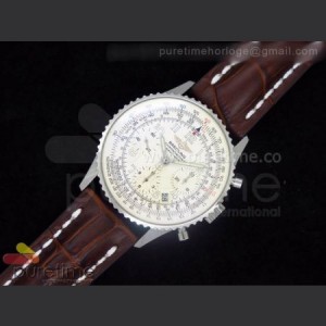 Breitling Navitimer Cosmonaute SS White Dial with Roman Numbers on Brown Leather Strap A7750 sku0864