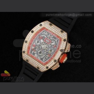 Richard Mille RM011 Le Mans Classic 2012 RG Red Full Pave Diamonds Bezel on Black Rubber Strap A7750 sku5678