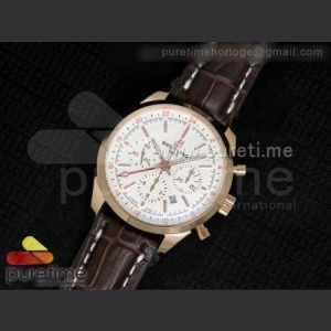 Breitling Transocean Chrono GMT 44mm RG White Textured Dial on Brown Leather Strap A7750 sku0950